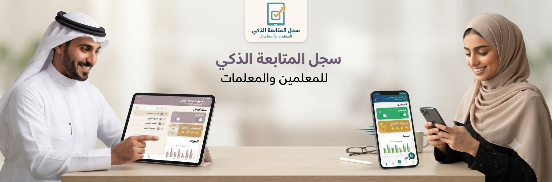 معلم ومعلمة يستخدمان سجل المتابعة الذكي على الجهاز اللوحي والجوال